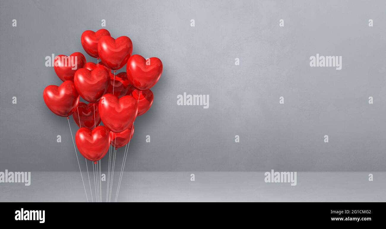 Red heart shape balloons bunch on a grey wall background. Horizontal ...
