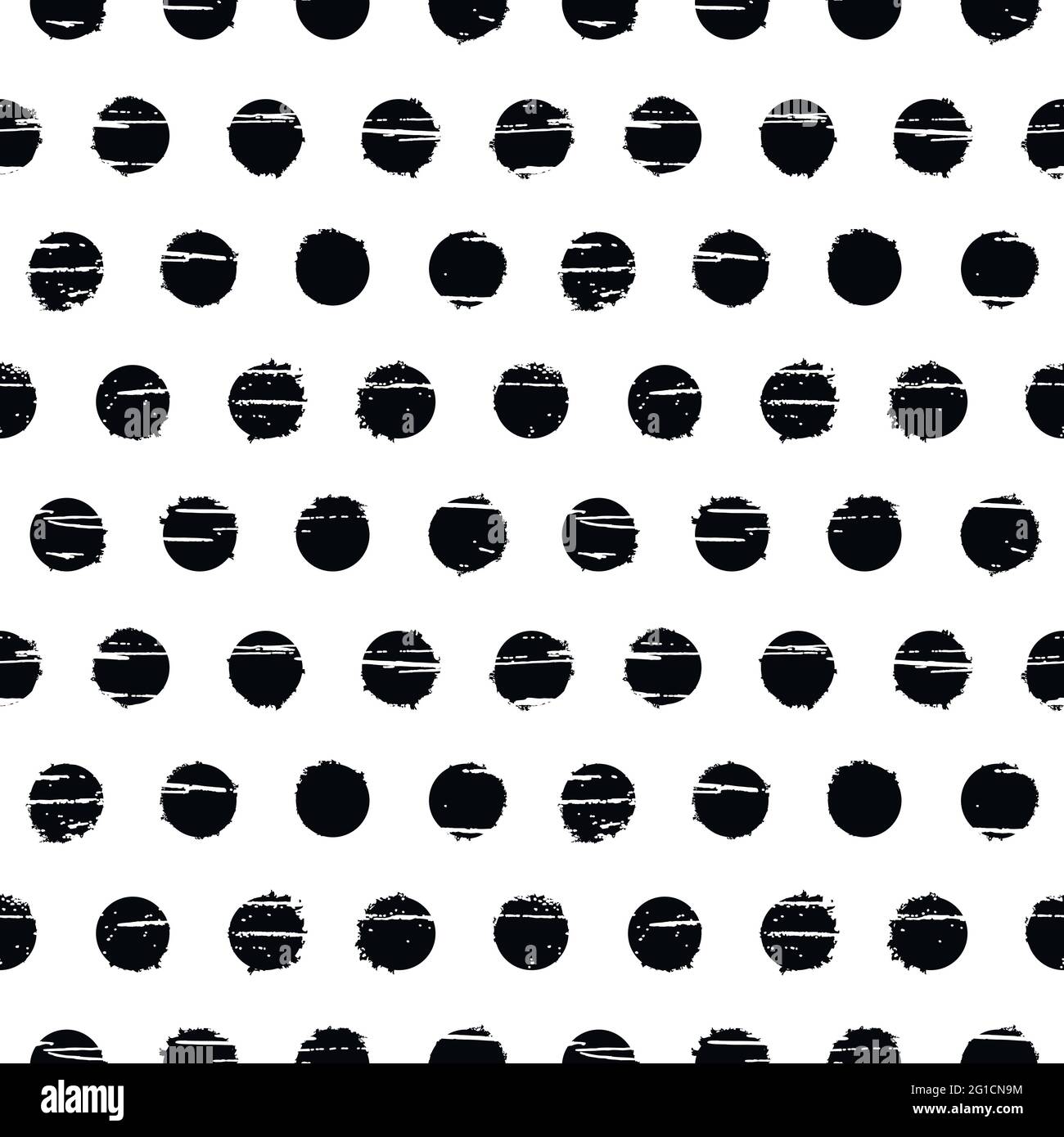 Polka dot seamless pattern. Black circles with grunge texture on a white background. Vector design. Stock Vector