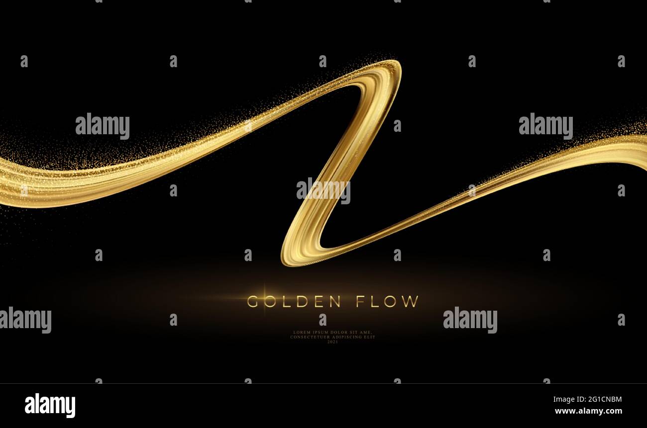 Modern 3d banner with gold flow on black background. Gold flow wave line pattern. Luxury golden wave wallpaper. Vector illustration Stock Vector