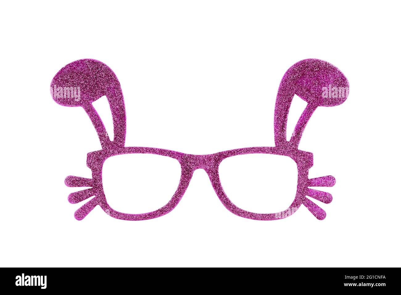 Funny pink glittering decorative glasses with hare ears isolated on white with clipping path Stock Photo