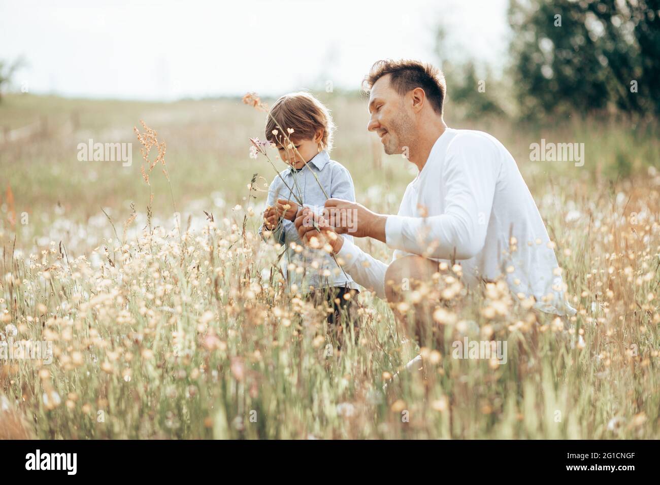 Father spends time with his little son in forest on lawn with flowers ...