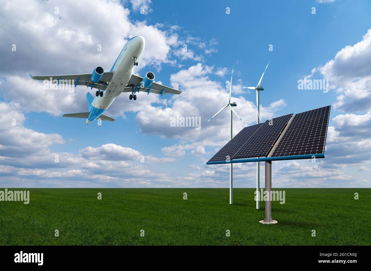 Landing plane with solar panels and wind turbines. Clean mobility concept  Stock Photo