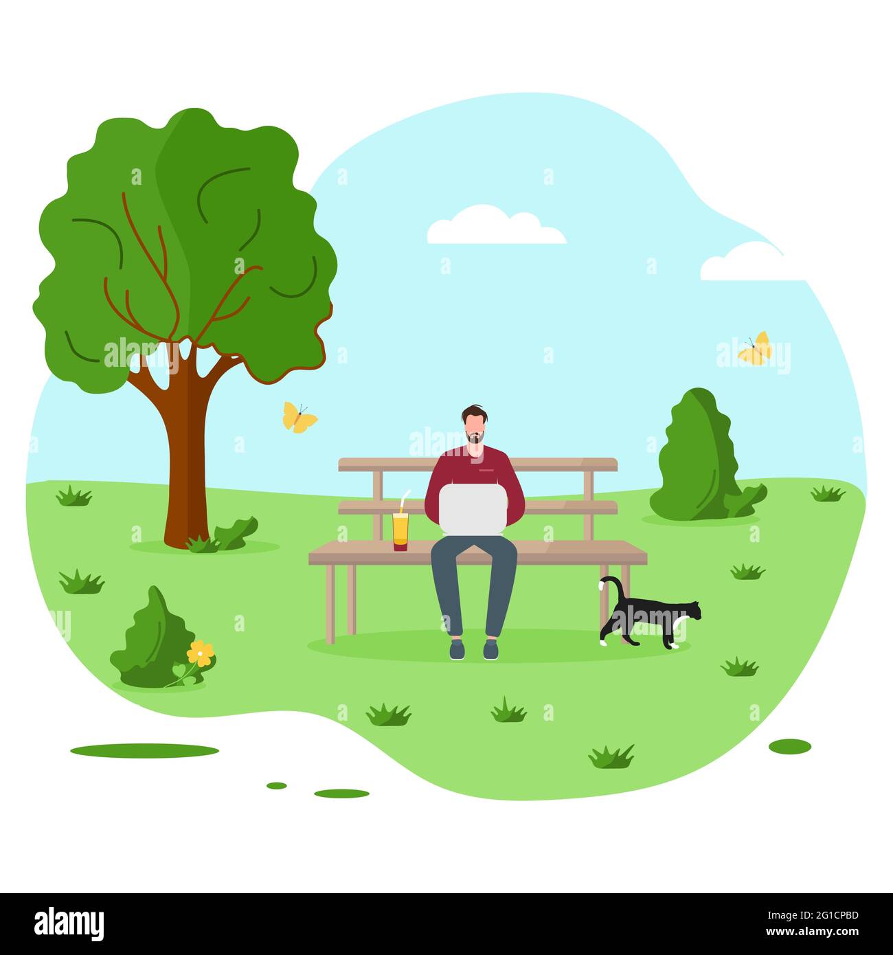 Vector illustration People sit in nature on bench, work at laptop. Summer  vacations outdoor. Remote work Remote access Freelance Working remotely  Stud Stock Vector Image \u0026 Art - Alamy, image size:1300x1390