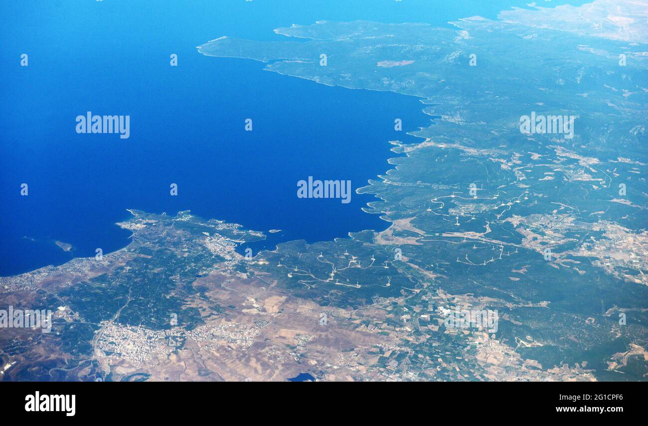Aerial view of the Turkish coastline at the Aegean sea. Stock Photo