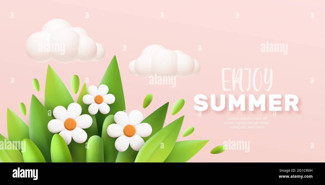 Enjoy Summer 3d realistic background with clouds, daisies, grass and leaves on a pink background. Vector illustration Stock Vector