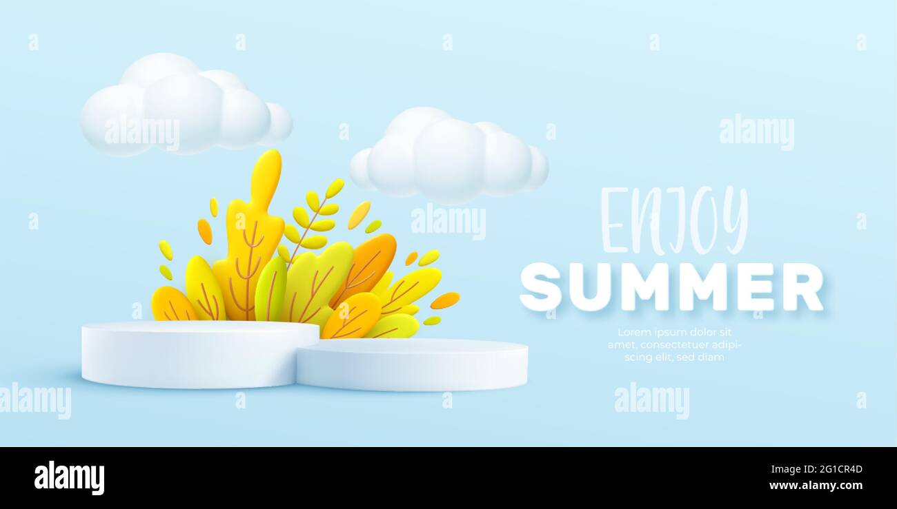 Enjoy Summer 3d realistic background with clouds, grass, leaves and product podium on a pink background. Vector illustration Stock Vector