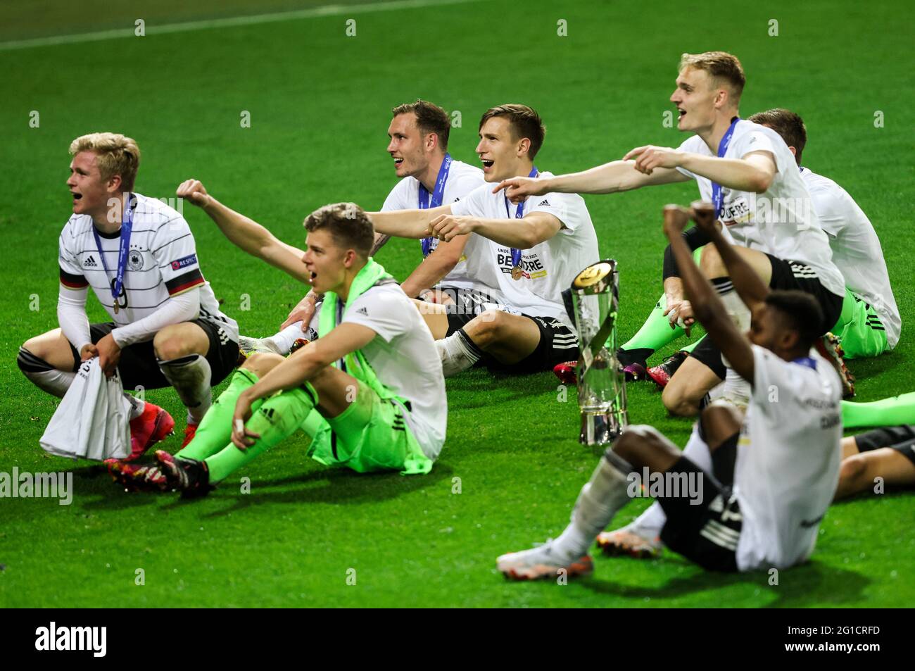 LJUBLJANA, SLOVENIA - JUNE 06: Players of Germany celebrate with the UEFA European  Under-21 Championship trophy following victory in the 2021 UEFA European  Under-21 Championship Final match between Germany and Portugal at