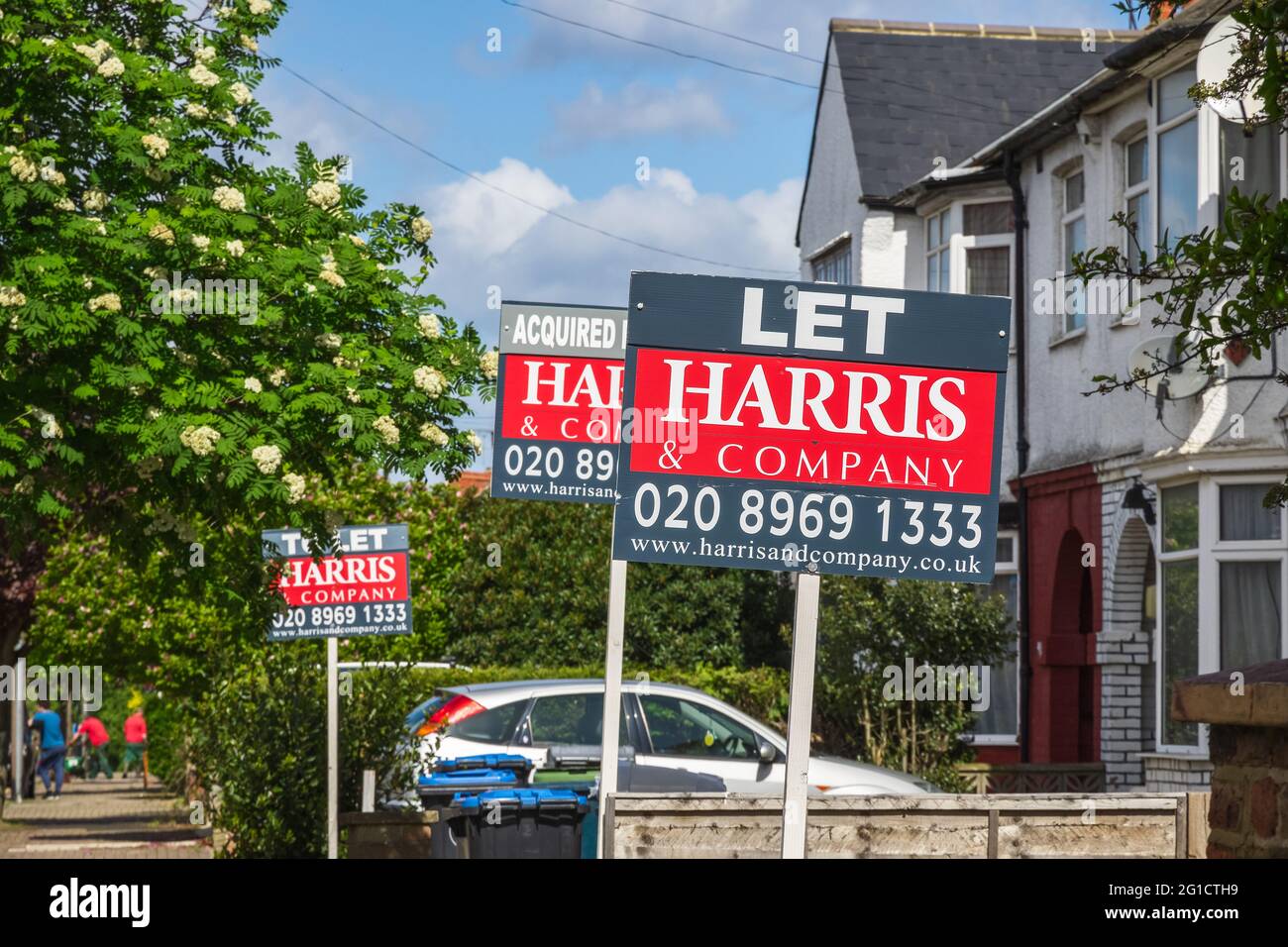 London, UK - 10 May, 2021 - Estate agent signs advertising home for rent or sale around Kensal Rise Stock Photo