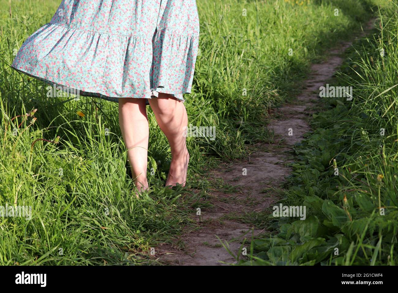 Barefoot girl in summer dress fluttering in the wind walking on path of green meadow. Young woman enjoying the nature Stock Photo