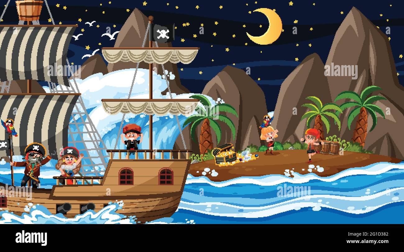 Treasure Island scene at night with Pirate kids illustration Stock ...