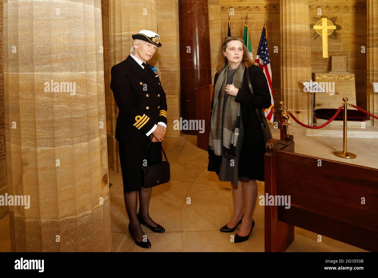Memorial Day UK 2021 Mrs Caryn R. McClelland A/Deputy Charge d'Affairs of the US Embassy London with Commander Susan Lochner RN Deputy Lord Lieutenant of Surrey in the Memorial Chapel at the American Military Cemetery for Great War casualties, Brookwood Stock Photo