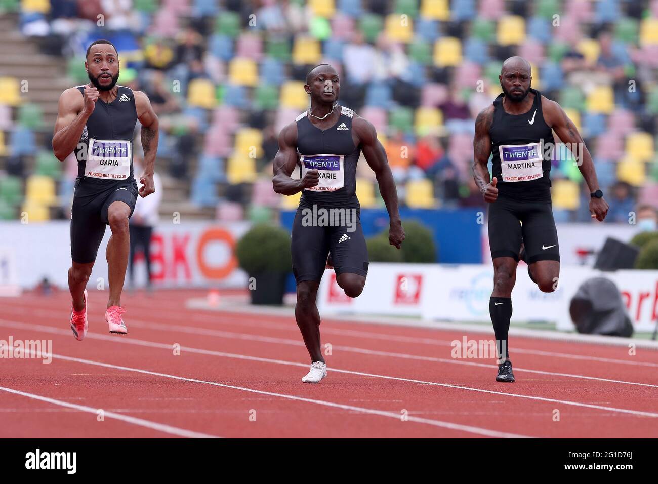 06-06-2021: Atletiek: FBK Games: Hengelo HENGELO, NETHERLANDS - JUNE 6: Christopher Garia of the Netherlands, Solomon Bockarie of the Netherlands, Chu Stock Photo