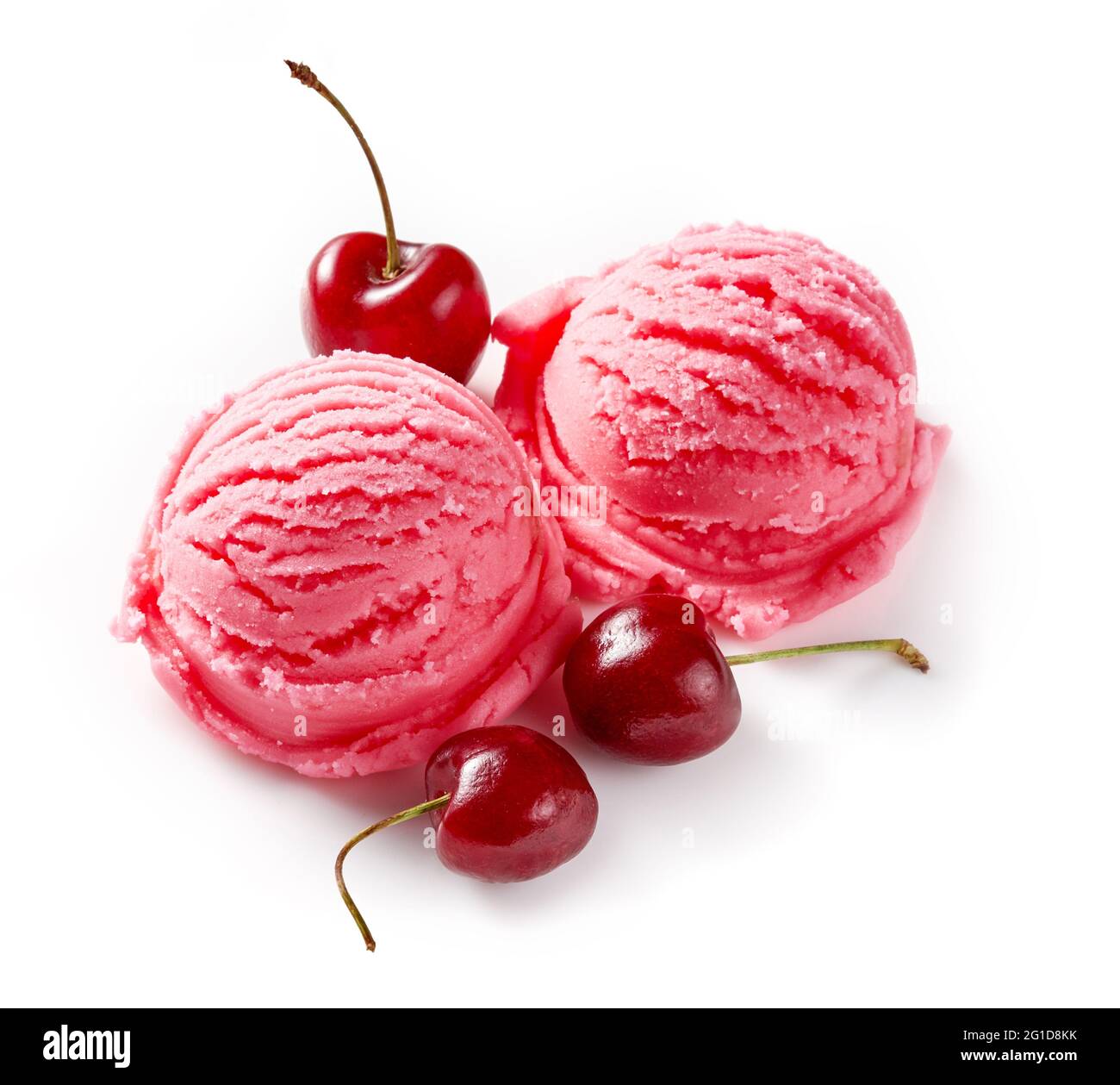 Cherry ice cream with cherry berries on white background. Ice cream with cherry sauce isolated for package of ice cream. Stock Photo