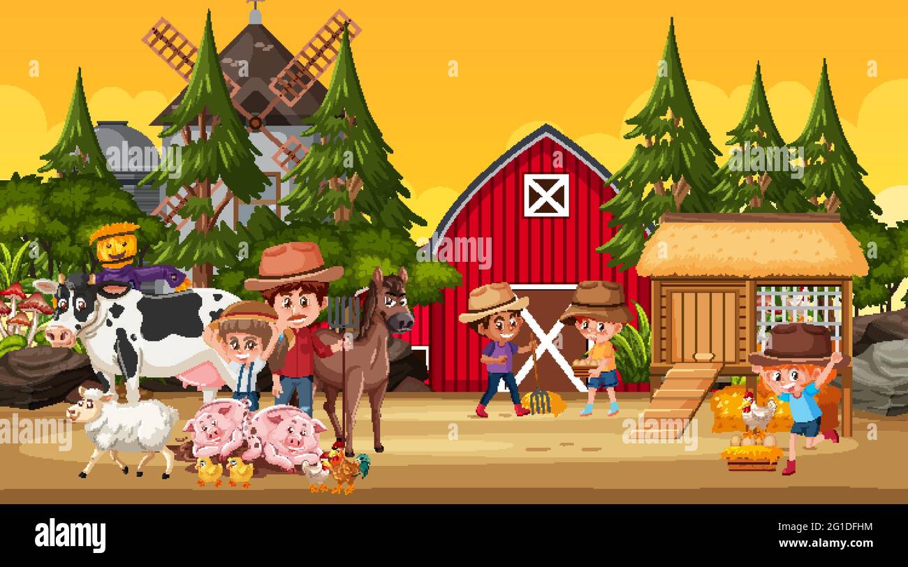 Farm scene with many kids cartoon character and farm animals ...