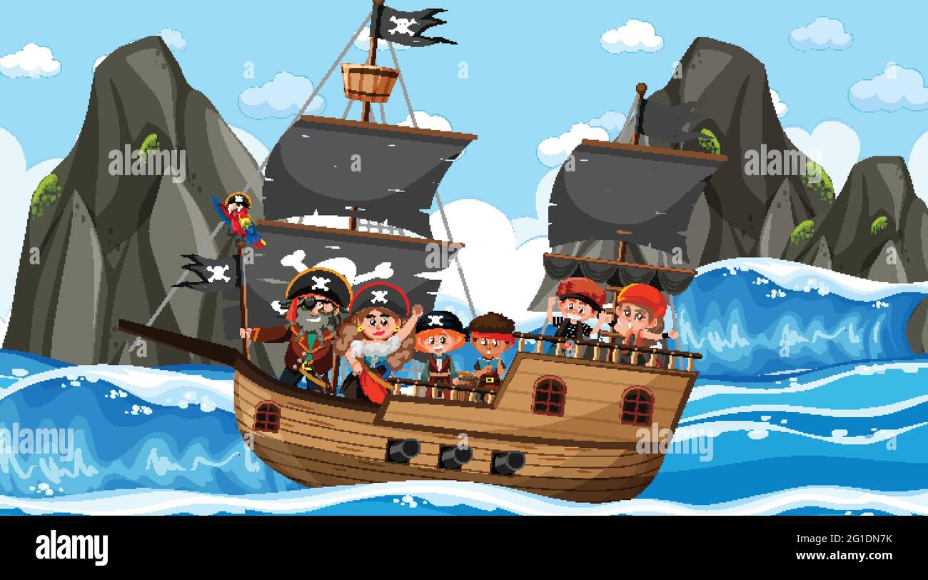 Ocean scene at daytime with Pirate kids on the ship illustration Stock ...
