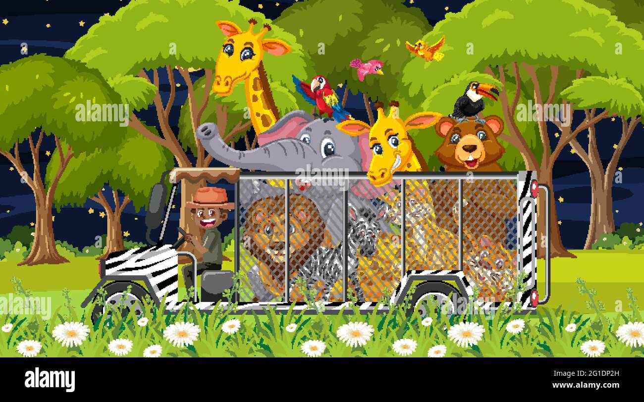 Zoo concept with wild animal group in the cage car illustration Stock