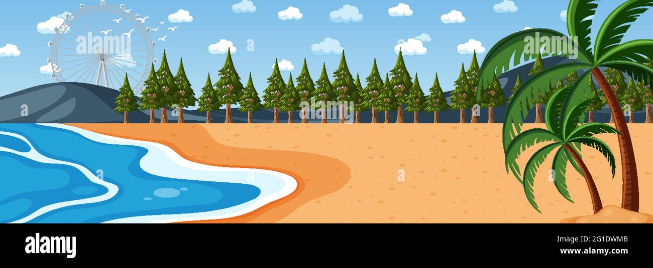 Beach horizontal scene at day time with many pine trees illustration ...