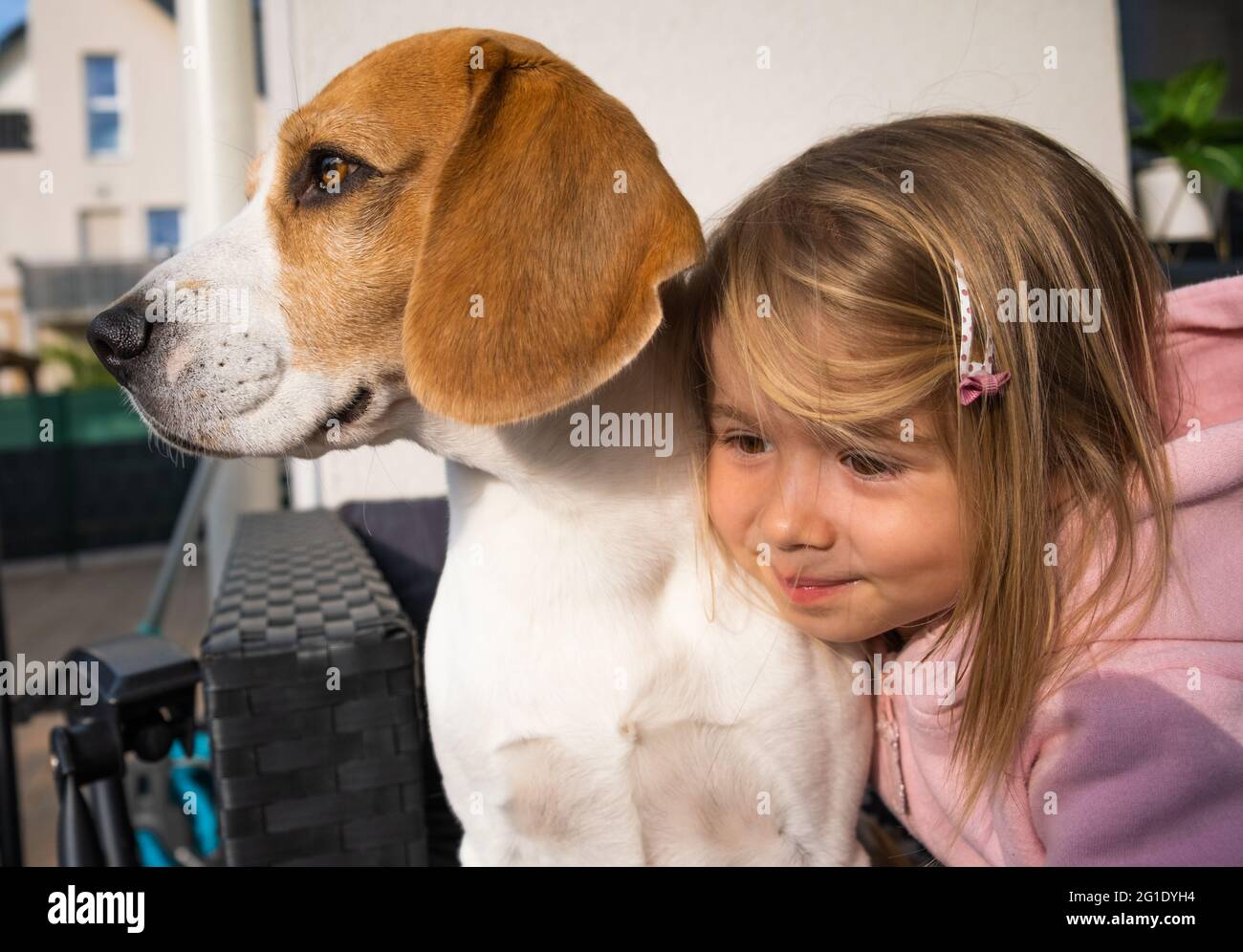 3 year old child hugging best friend dog. Happy childhood with pet