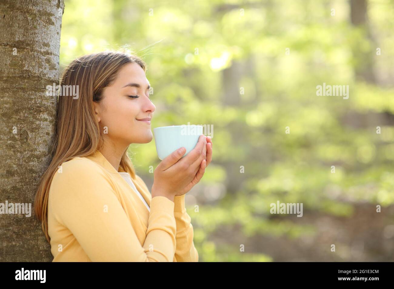 Profile of a satisfied woman smelling coffee in a forest or park Stock Photo