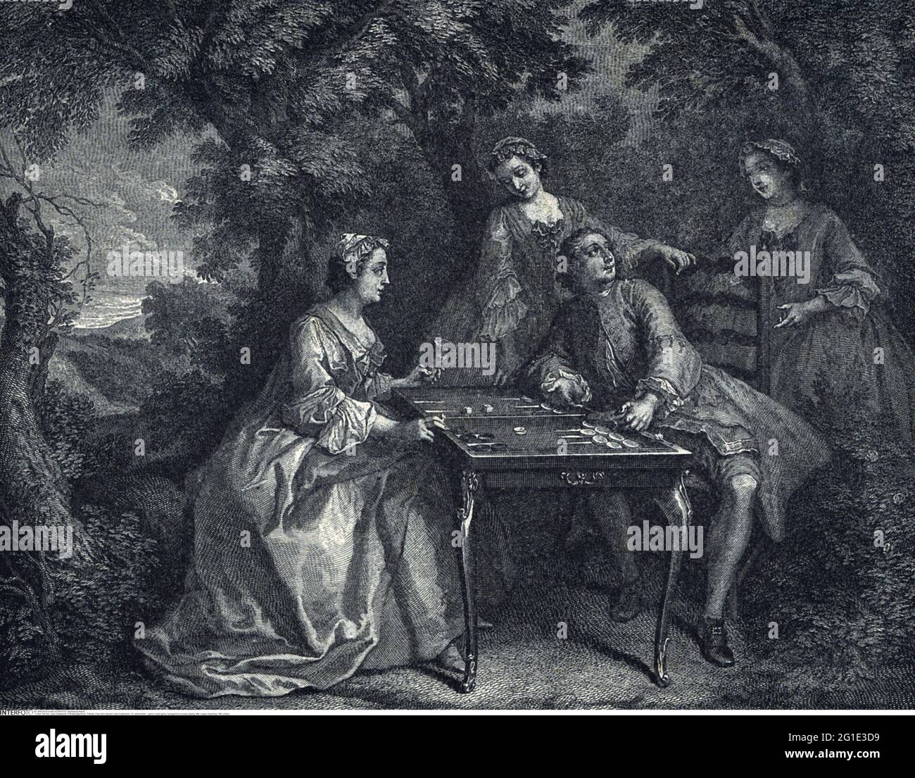 game, board game, backgammon,couple playing, after copper engraving, 18th century, ADDITIONAL-RIGHTS-CLEARANCE-INFO-NOT-AVAILABLE Stock Photo