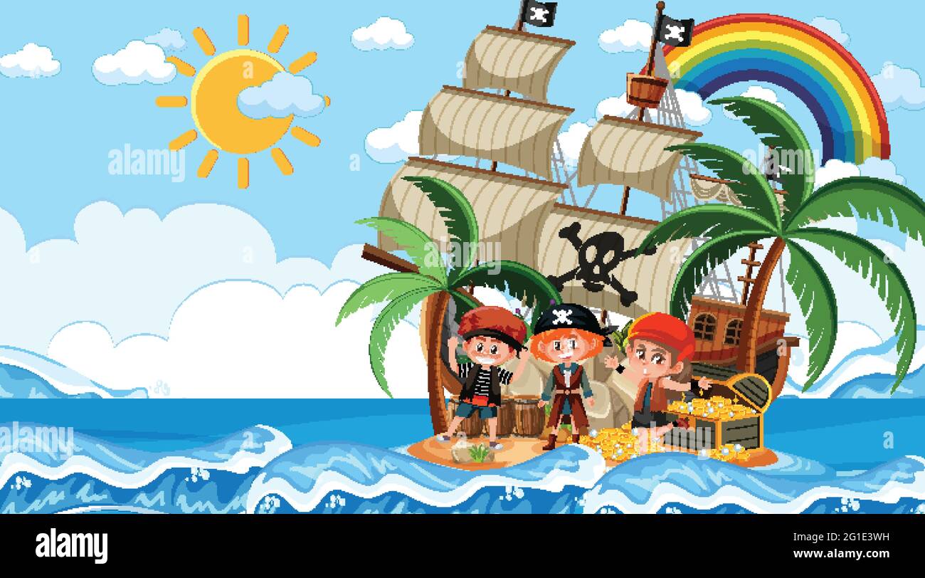 Treasure Island scene at daytime with Pirate kids illustration Stock ...