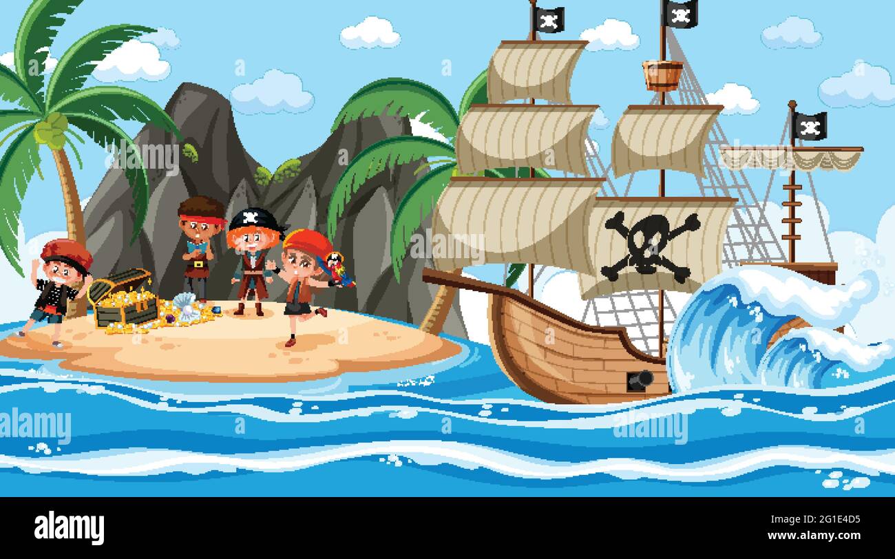 Treasure Island scene at daytime with Pirate kids illustration Stock ...