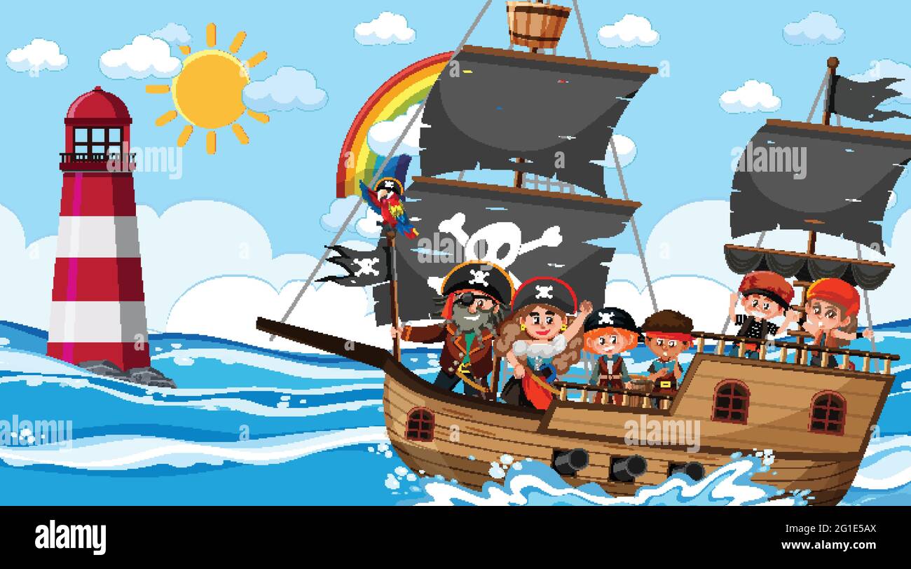 Ocean scene at daytime with Pirate kids on the ship illustration Stock ...