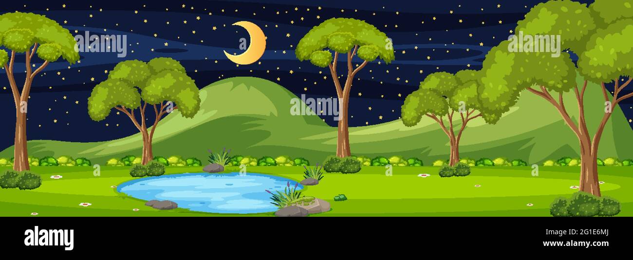 Forest horizontal scene at night with many trees illustration Stock ...
