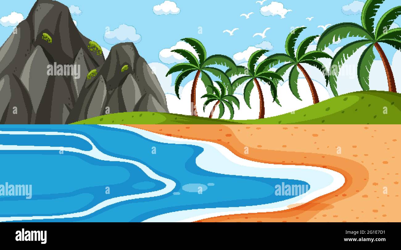 Beach landscape at day time scene with many palm trees illustration ...