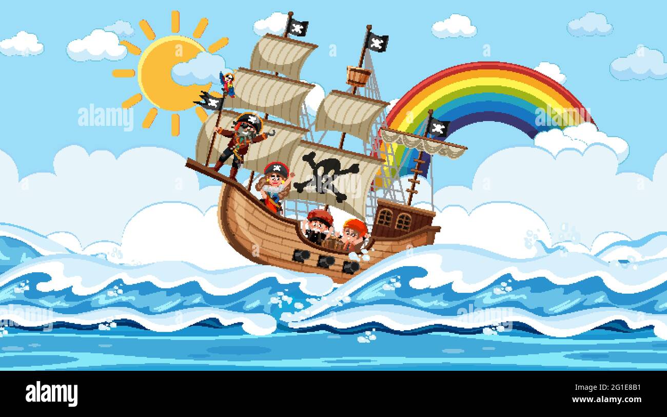 Beach with Pirate ship at daytime scene in cartoon style illustration ...