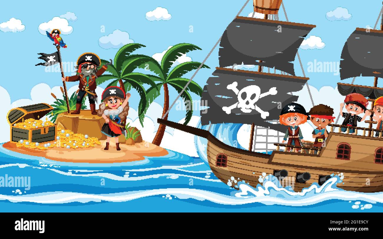 Treasure Island scene at daytime with Pirate kids on the ship ...
