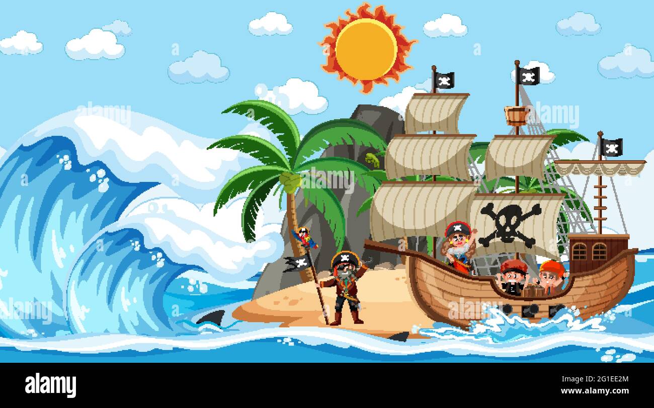 Beach with Pirate ship at daytime scene in cartoon style illustration ...