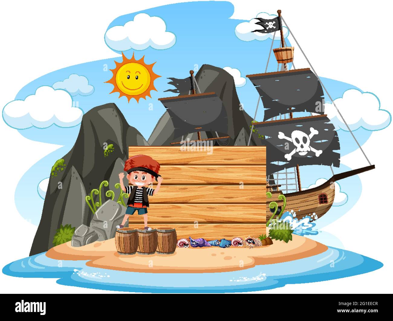 Pirate island with an empty banner isolated on white background illustration Stock Vector