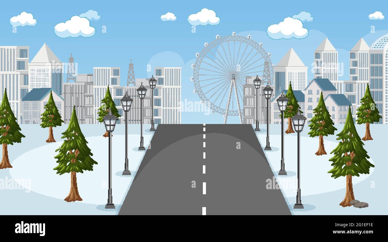 Winter scene with long road through the park to the city illustration ...