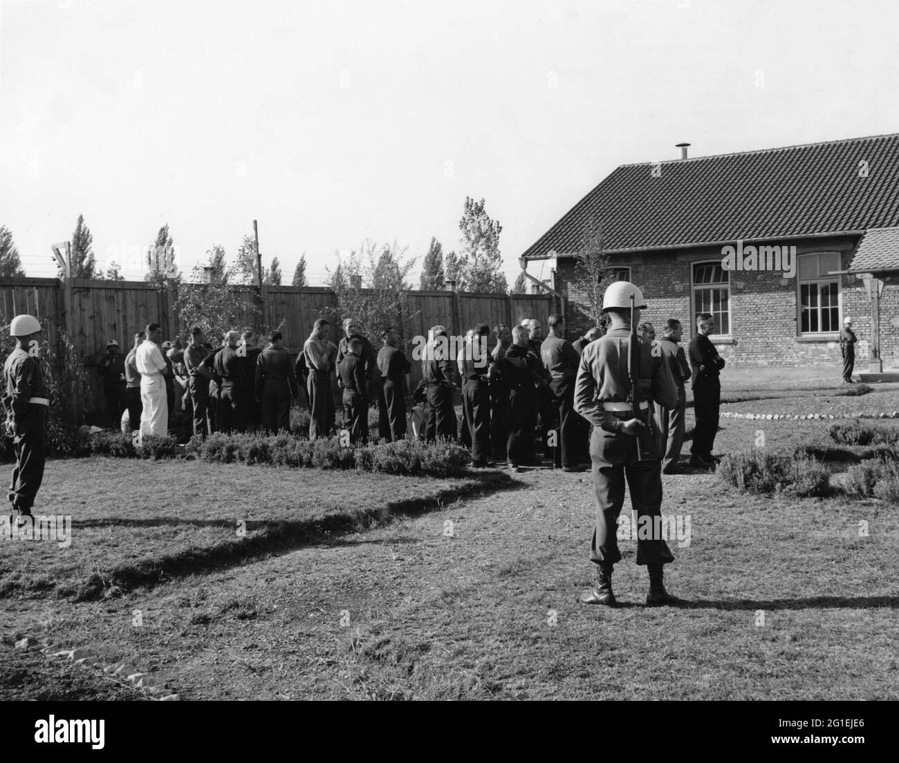 justice, trials, Buchenwald trial, 1947, accused members of the Buchenwald concentration camp guard on the yard behind the court, EDITORIAL-USE-ONLY Stock Photo