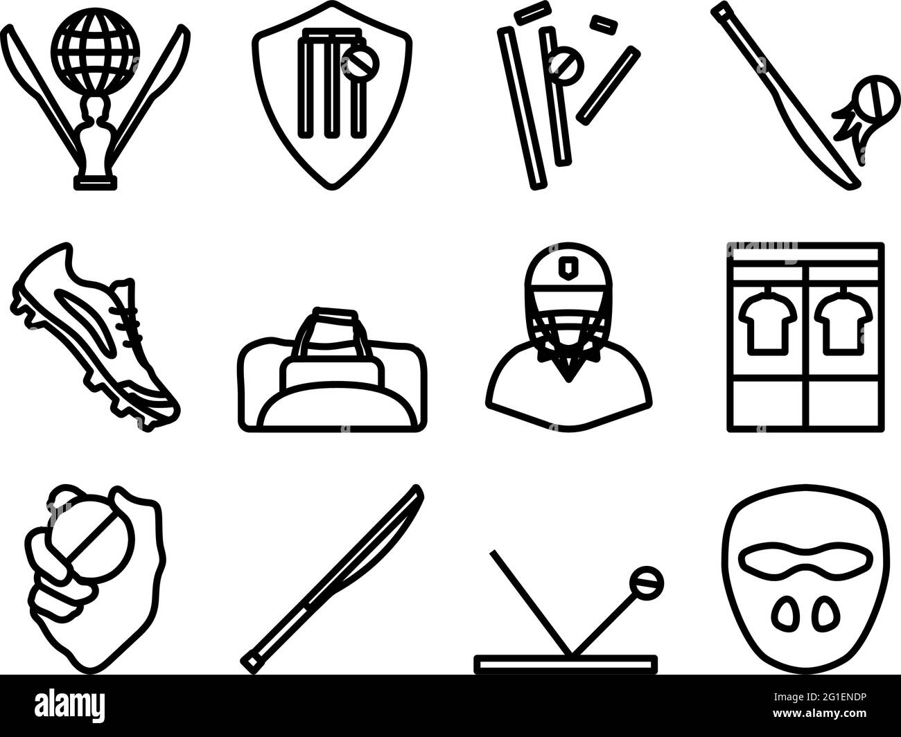 Cricket Icon Set. Editable Bold Outline Design. Vector Illustration. Stock Vector