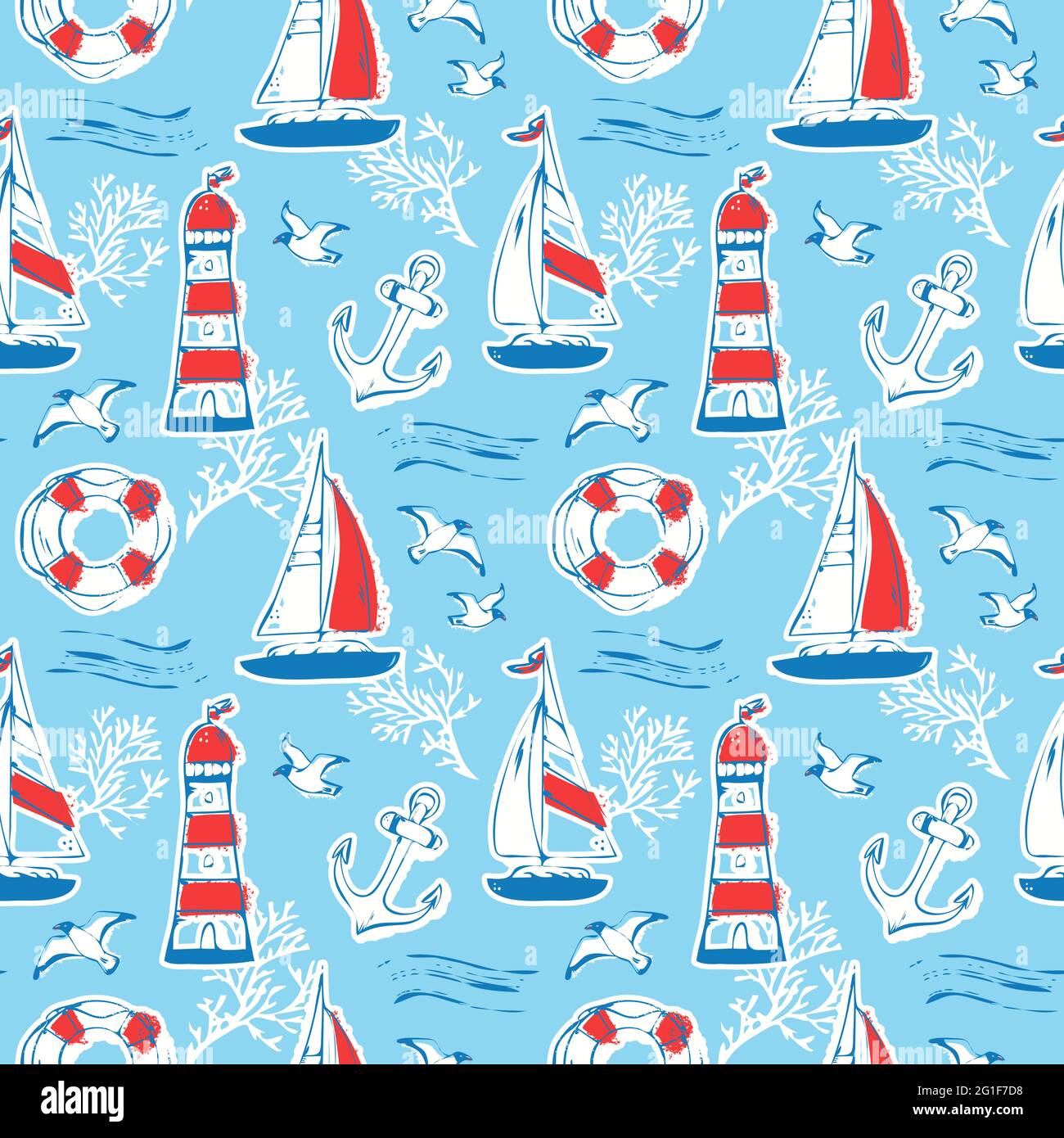 Nautical seamless pattern with sail boat, lighthouse, seagull, anchor and other marine symbols. Sea travel theme. Vector background. Stock Vector