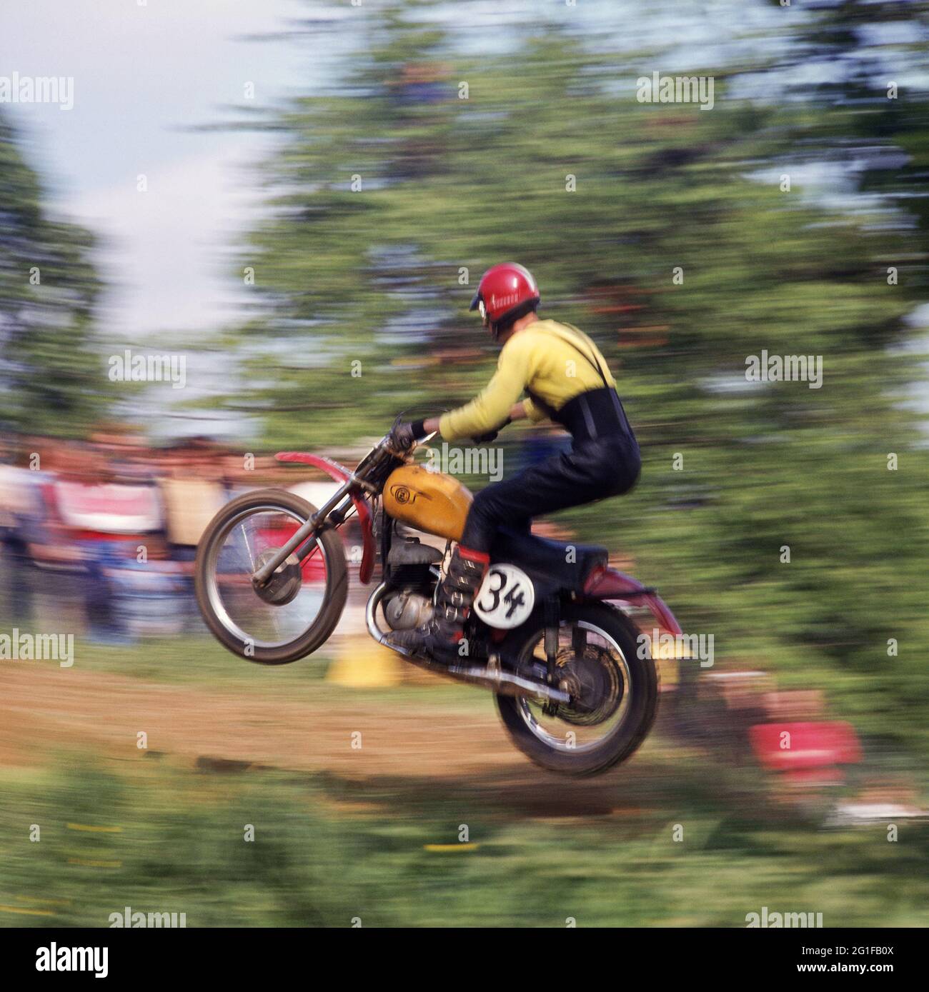 sports, motorcycle, motocross, driver during jump, 1970s, ADDITIONAL-RIGHTS-CLEARANCE-INFO-NOT-AVAILABLE Stock Photo