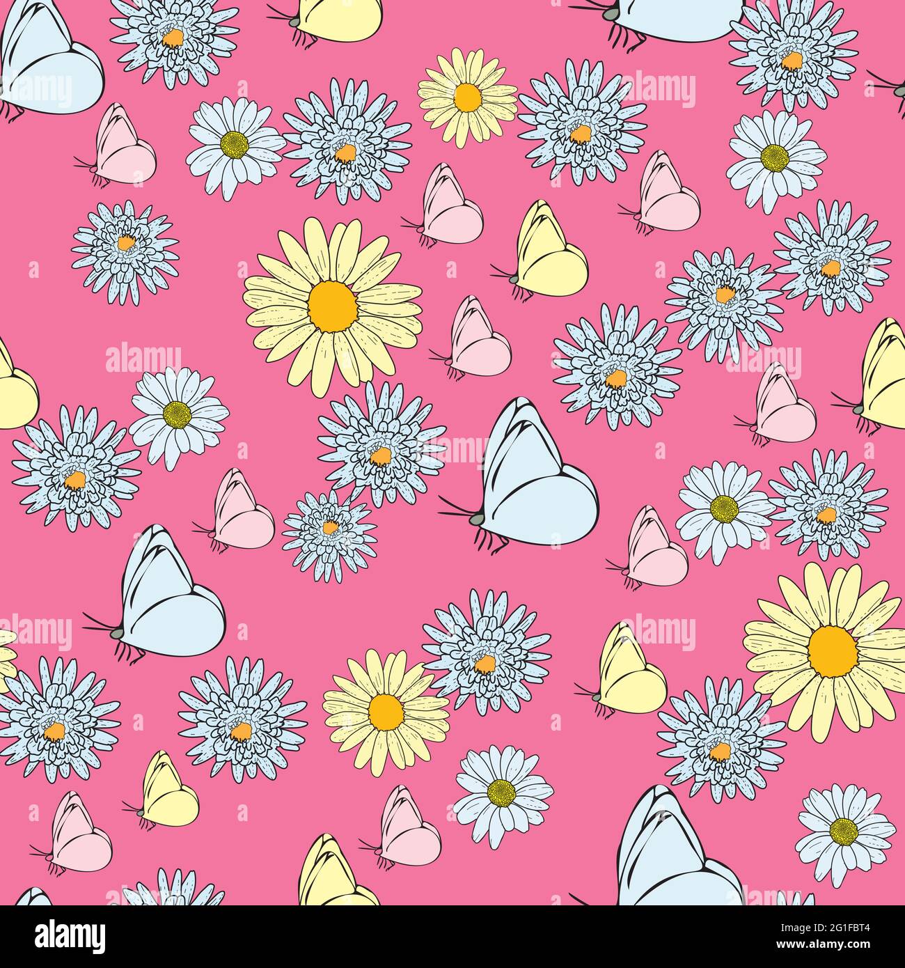 Vector hot pink background daisy flowers, wild flowers and butterflies ...