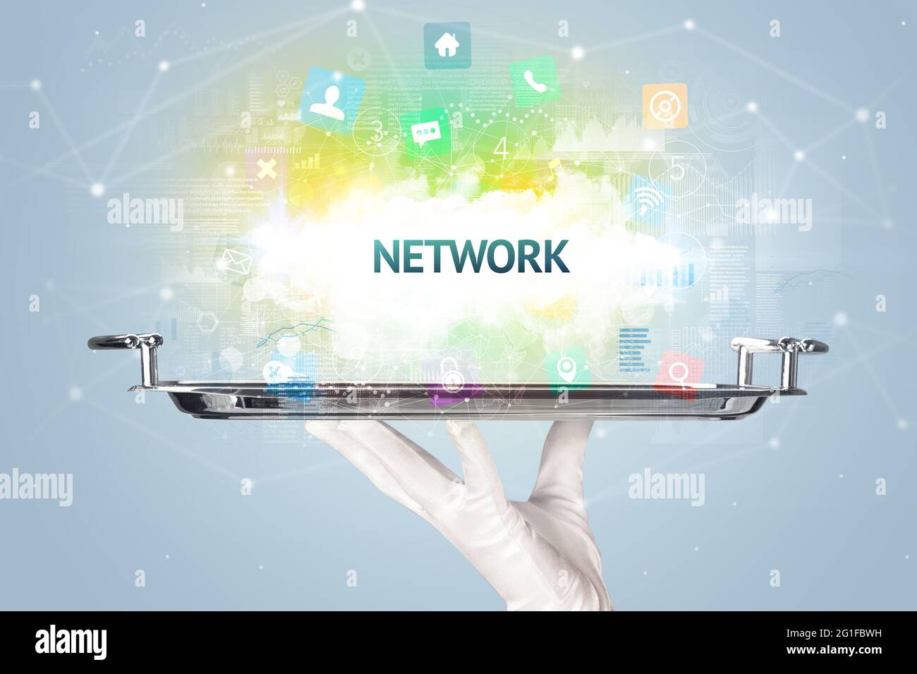 Waiter serving social networking concept Stock Photo