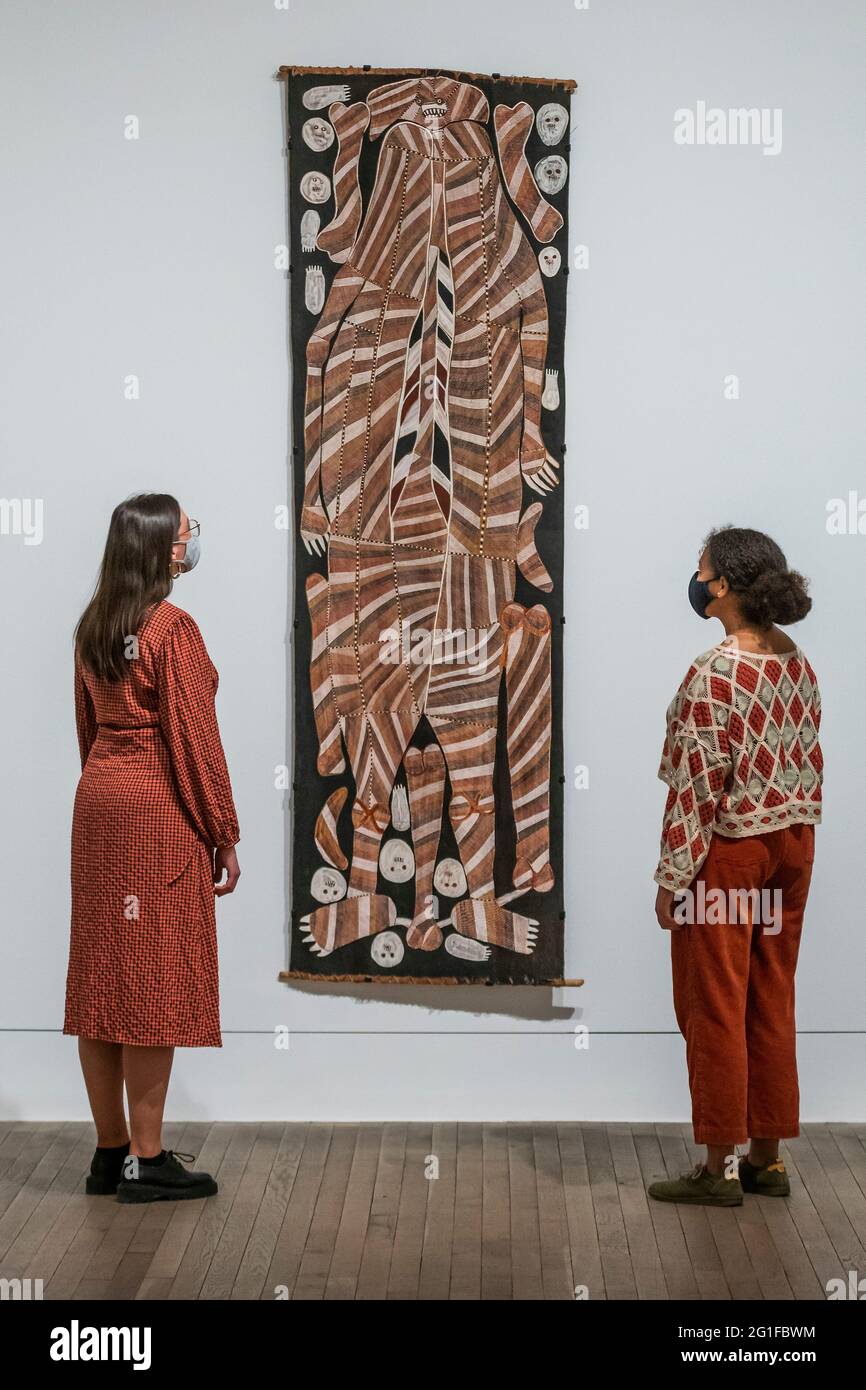London, UK. 7 Jun 2021. Buluwana, Female ancestor 1989, by John Mawurndjul  - Tate Modern opens A Year in Art: Australia 1992, a new free exhibition of  over 25 works by Australian