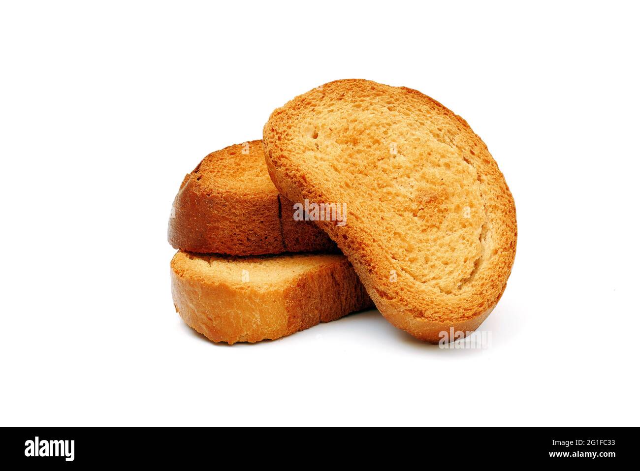 three rusks isolated on white background, full depth of field Stock Photo