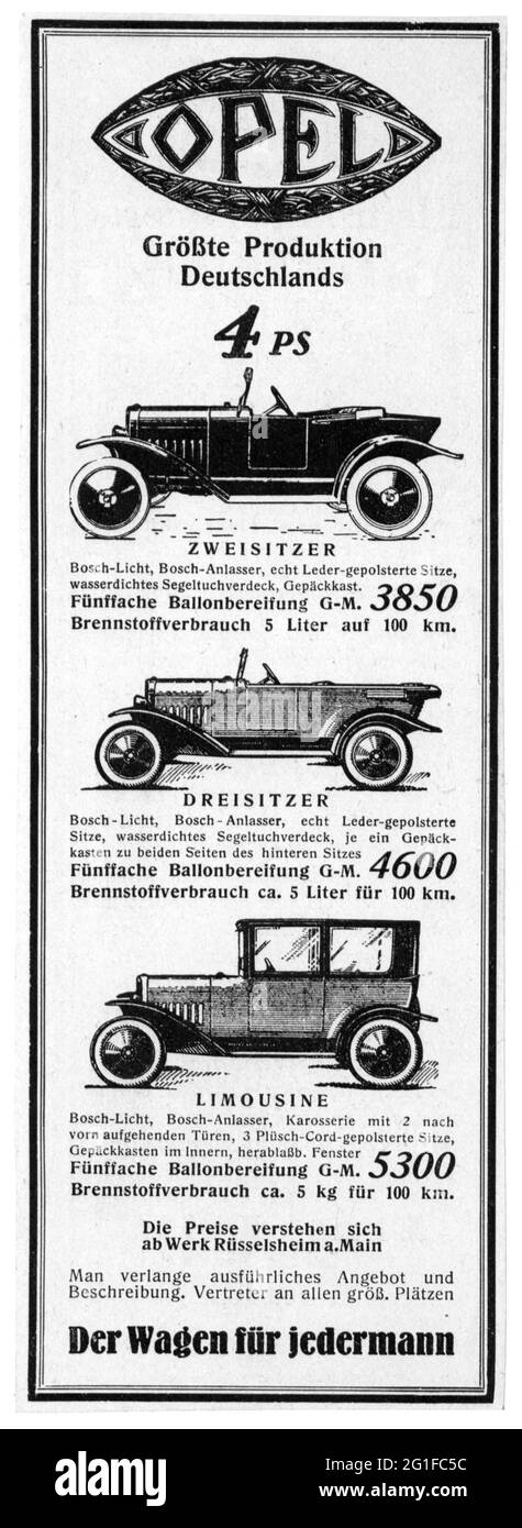 advertising, automobiles, Opel 4 PS, twoseater, threeseater, limousine, 'The Car for Everyone', ADDITIONAL-RIGHTS-CLEARANCE-INFO-NOT-AVAILABLE Stock Photo