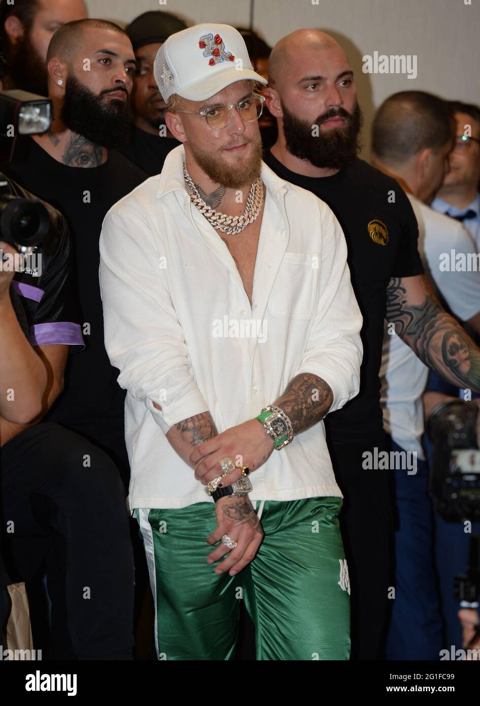 Miami Gardens FL, USA. 06th June, 2021. Jake Paul is seen as Logan Paul speaks during a press conference after his fight with Floyd Mayweather during their contracted exhibition boxing match at Hard Rock Stadium in Miami Gardens on June 6, 2021 in Miami Gardens, Florida. Credit: Mpi04/Media Punch/Alamy Live News Stock Photo