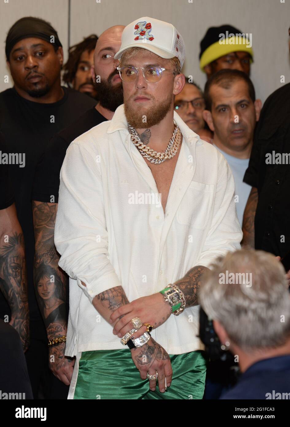 Miami Gardens FL, USA. 06th June, 2021. Jake Paul is seen as Logan Paul speaks during a press conference after his fight with Floyd Mayweather during their contracted exhibition boxing match at Hard Rock Stadium in Miami Gardens on June 6, 2021 in Miami Gardens, Florida. Credit: Mpi04/Media Punch/Alamy Live News Stock Photo