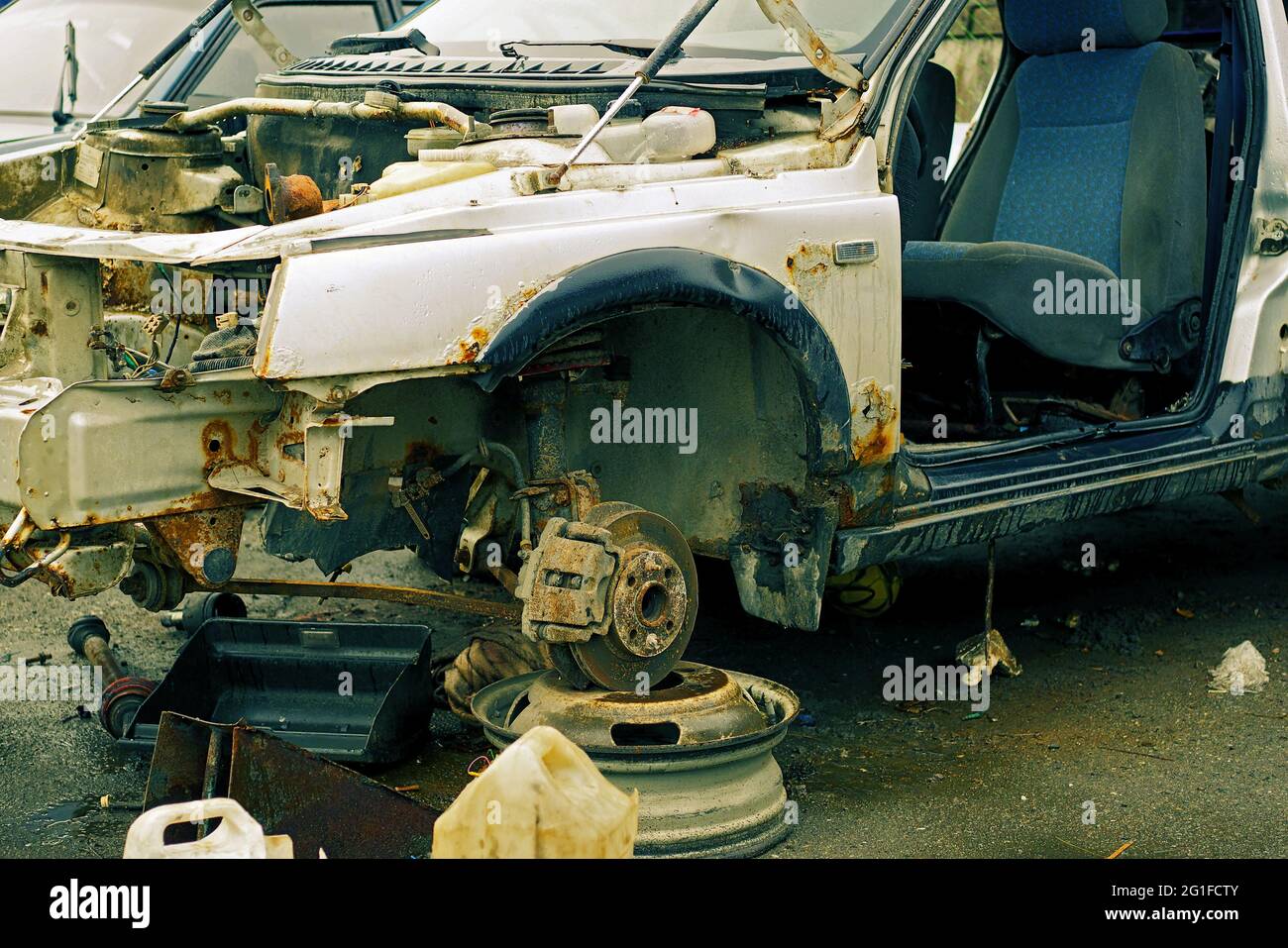 body of old car dismantled for spare parts, color graded Stock Photo