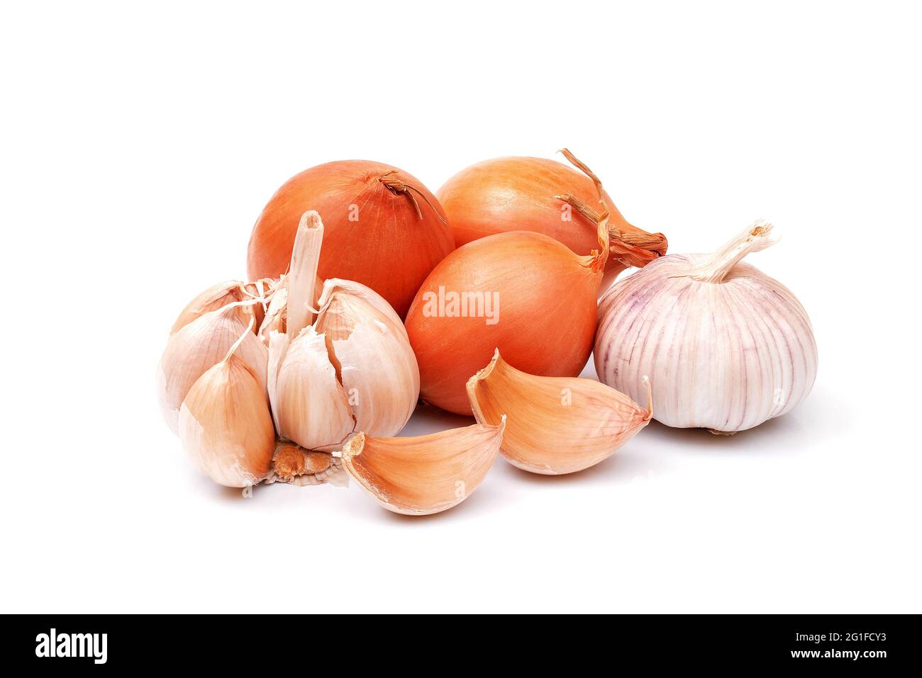 garlic and onion bulbs and cloves isolated on white background, full depth of field Stock Photo