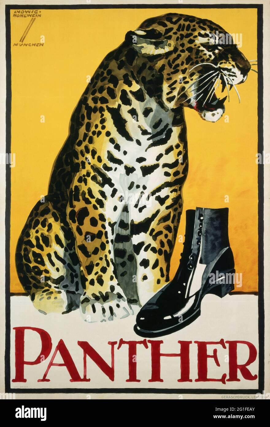 advertising, fashion, shoes, advertising poster for shoes by 'Panther', by Ludwig Hohlwein, ARTIST'S COPYRIGHT HAS NOT TO BE CLEARED Stock Photo