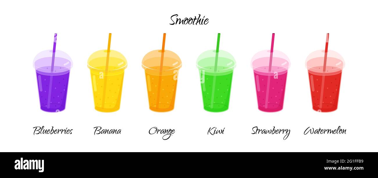 Plastic cup juice. Realistic color fruits smoothies in takeaway