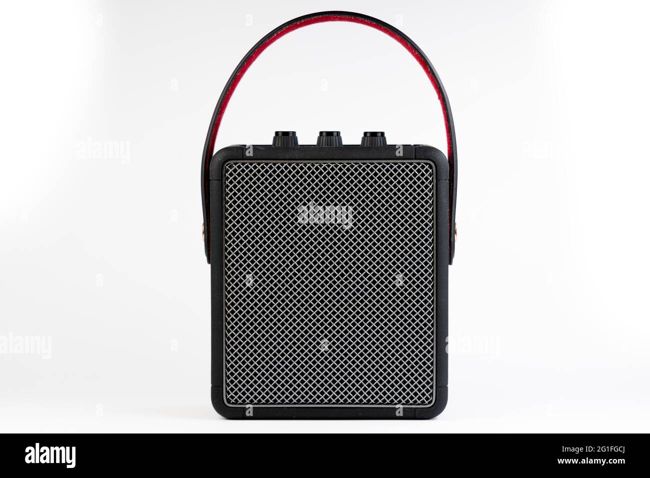 Black modern bluetooth loudspeaker isolated on white background Stock Photo